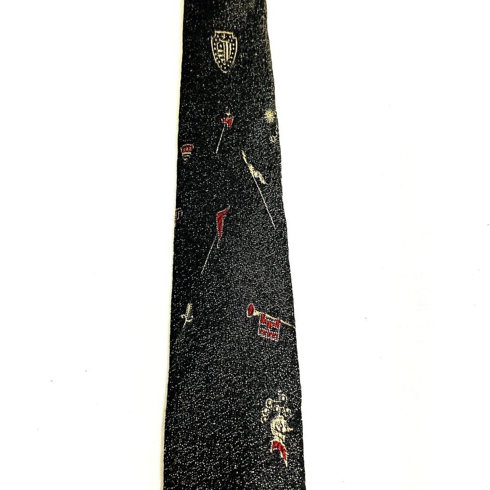 Wembley Skinny Tie Knight Medieval Vintage Flag Shield Axe Black Fleck MCM 1950s - Picture 9 of 13